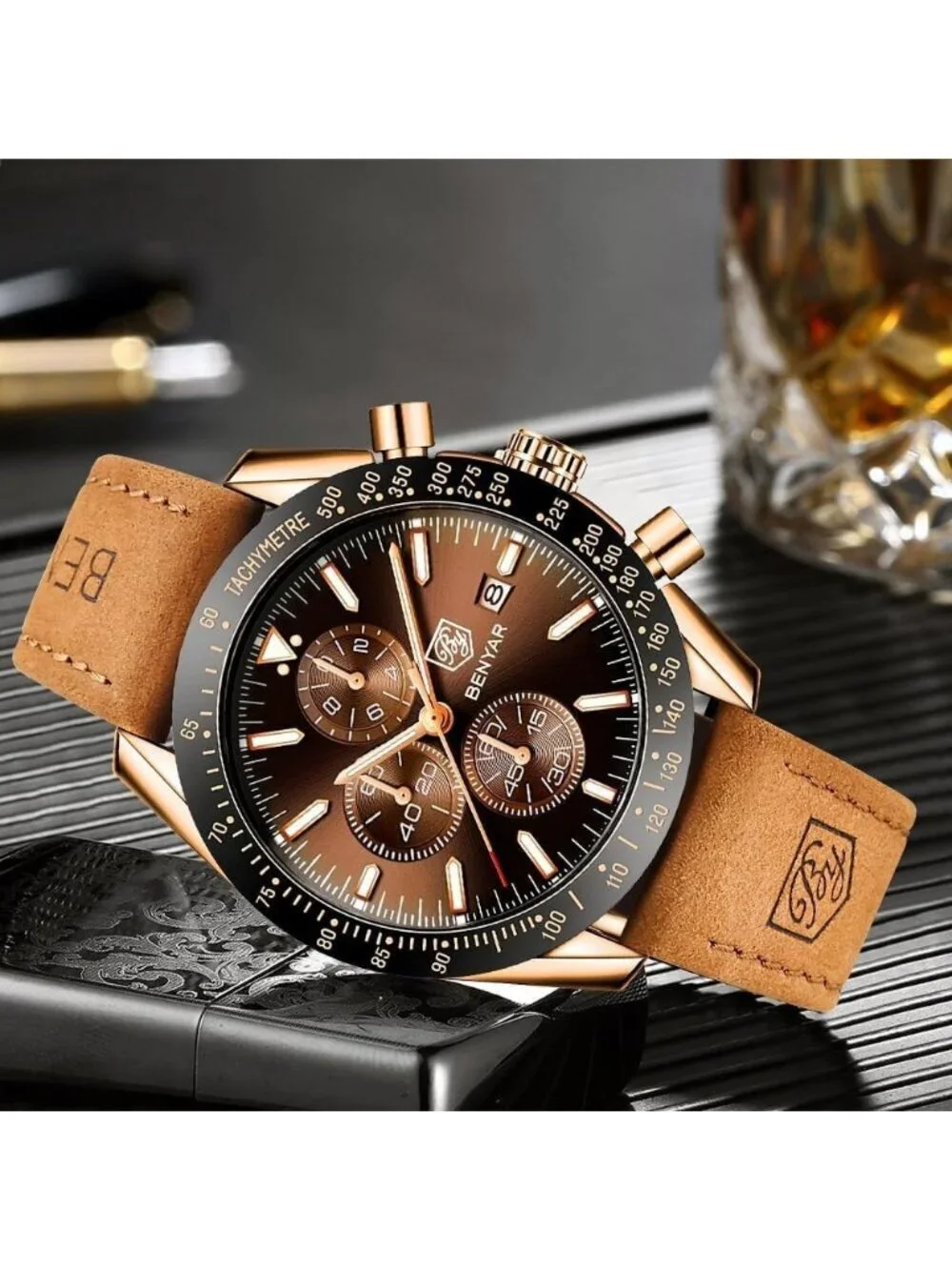 Mens Brown Gold Analog Silicone Strap Chronograph Luminous Designer Casual Watch